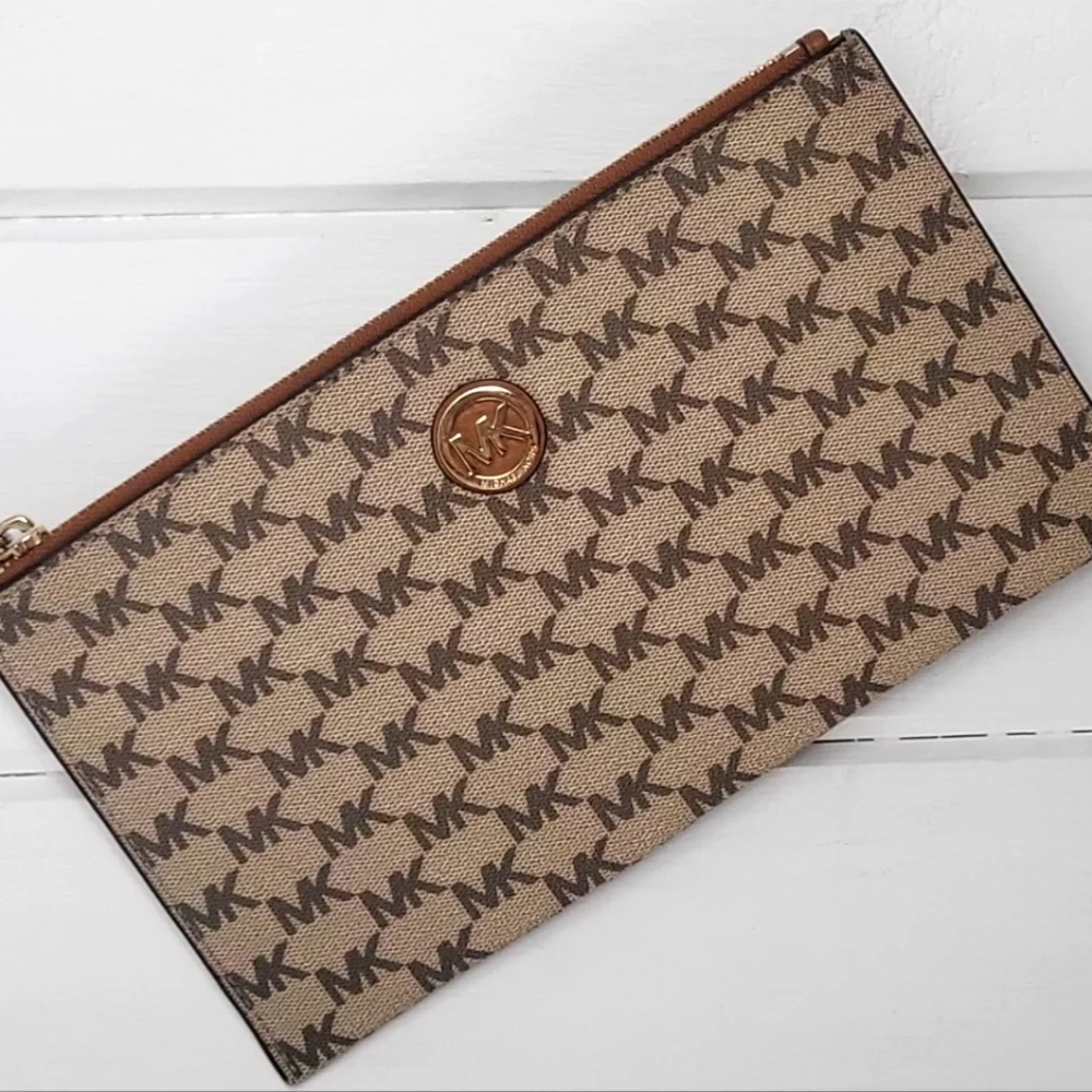 Michael Kors Khaki Tan Brown PVC Signature Print Wristlet